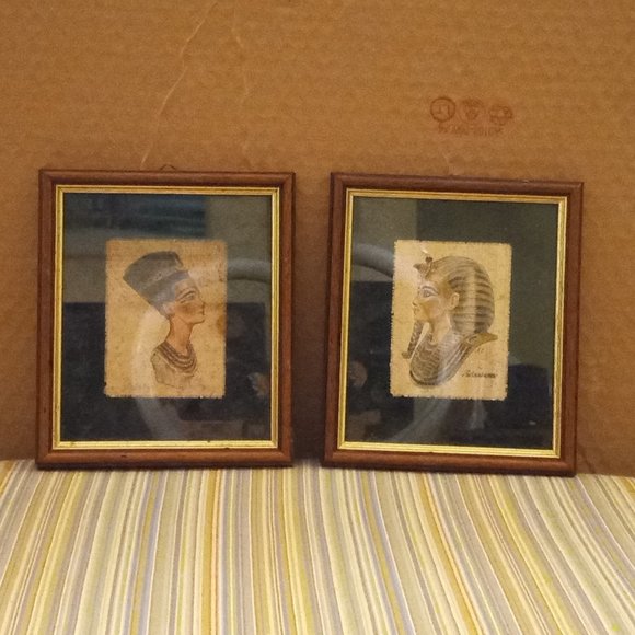 Vintage Egyptian papyrus King TUT and NEFERTITI Paintings - Picture 1 of 8